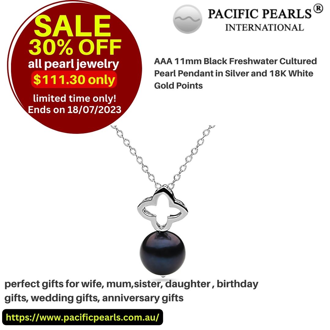 AAA 11mm Black Freshwater Cultured Pearl Pendant in Silver and 18K White Gold Points