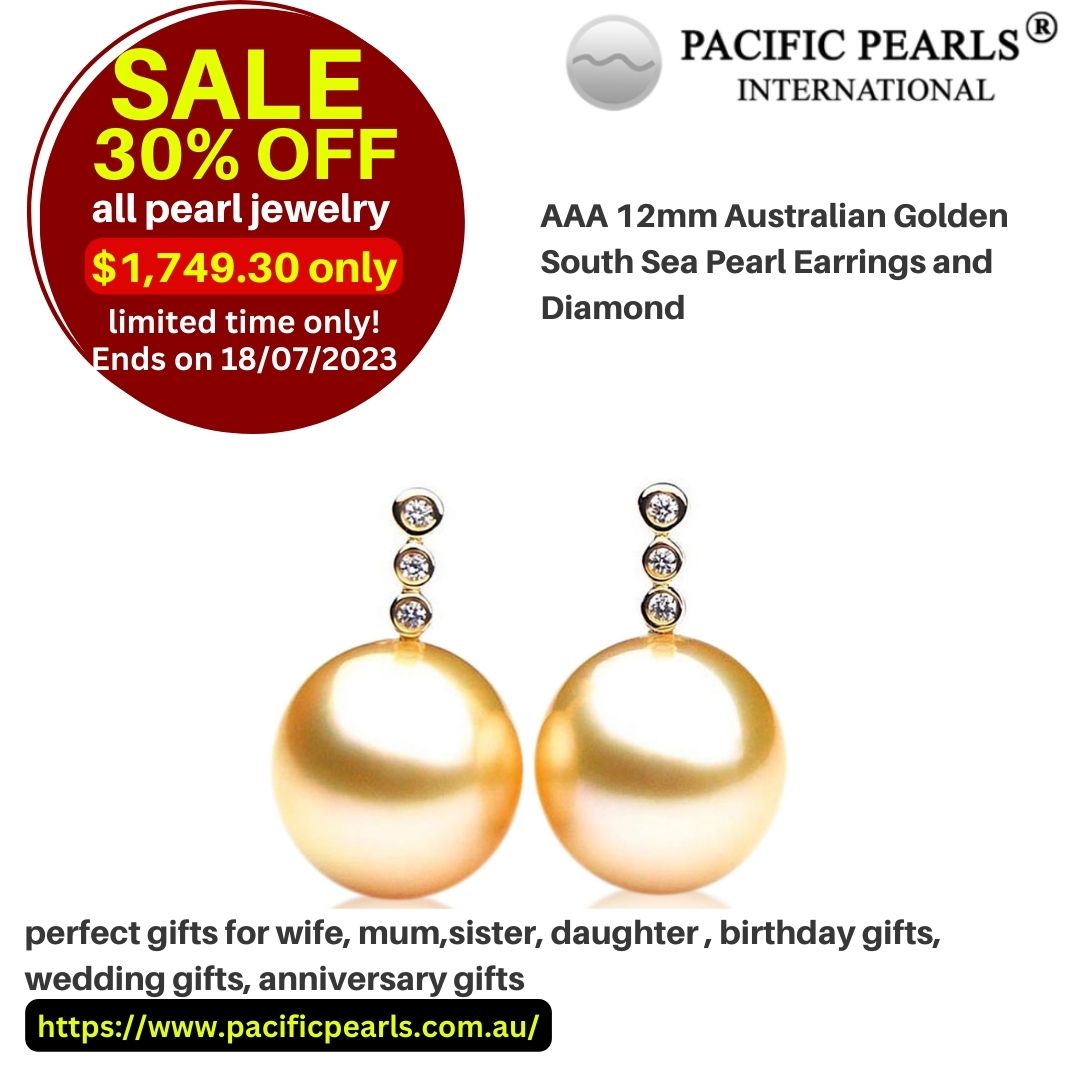 AAA 12mm Australian Golden South Sea Pearl Earrings and Diamond